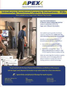 Flyer-FCE-Customize-Tab Physical therapy clinic flyer promoting Functional Capacity Evaluations (FCEs), featuring in‑clinic testing equipment, patients undergoing physical assessments, and informational text about work injury evaluation services.