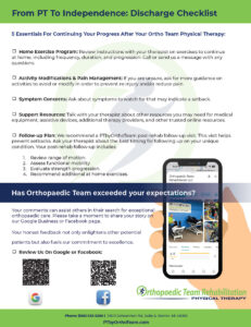Flyer-discharge-example Physical therapy discharge checklist flyer showing a “From PT to Independence” patient education layout with post‑therapy care steps, follow‑up guidance, and QR codes for Google and Facebook reviews.