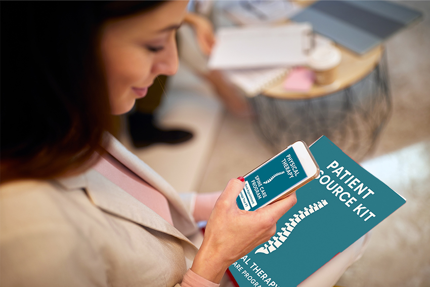 Presentation-Folder-Over-The-Shoulder-View Person holding a PTRM branded presentation folder while viewing a smartphone with matching marketing content.