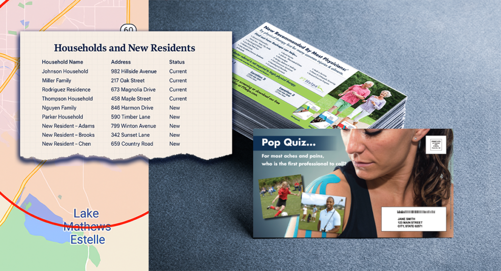 Mailing-List-Consumer-Tab Picture of consumer list sample over a postcard concept showing a young woman with a taped shoulder by PT Referral Machine.
