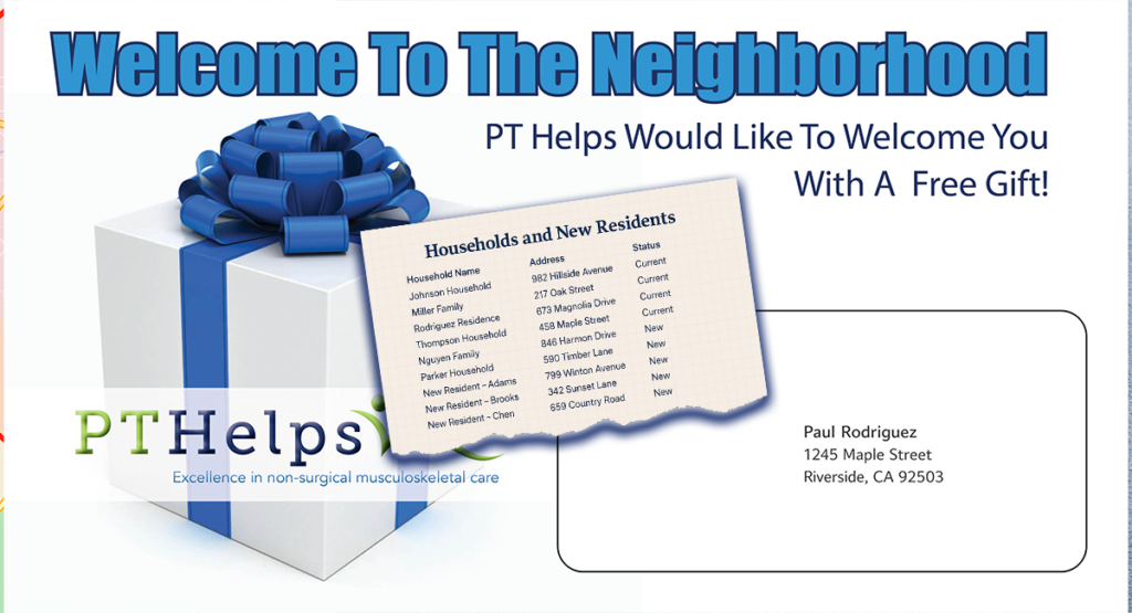 Mailing-List-New-Mover-Tab Picture of PT Referral Machine new resident "Welcome to the neighborhood" postcard design, with a snippet of the new resident mailing list overlay.