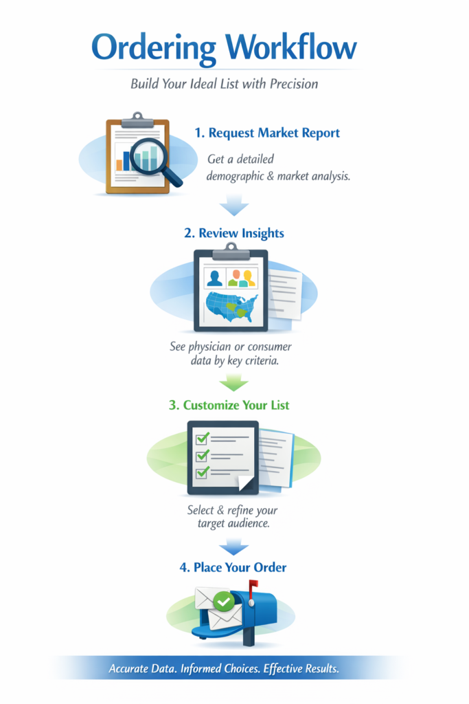 Mailing-List-Workflow Infographic showing the list ordering workflow.
