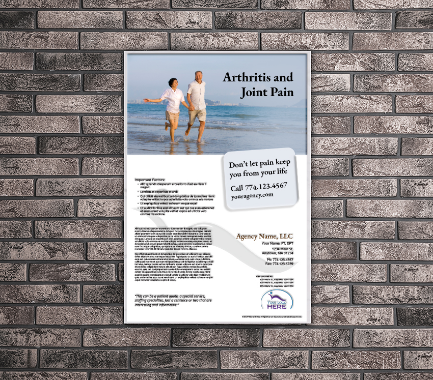 Arthritis-Poster Physical therapy clinic poster addressing arthritis and joint pain, featuring older adults walking along the beach with educational content and a call to action encouraging patients to seek treatment.