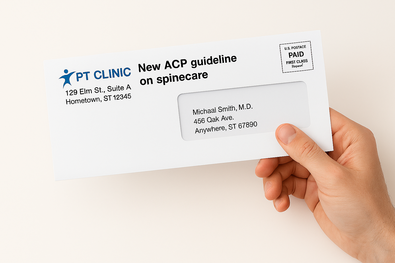 Designer (6) Hand holding a professionally branded PTRM physician letter envelope featuring a PT clinic logo, research‑based headline, visible physician address window, and First‑Class USPS postage indicia, representing a done‑for‑you physician marketing letter.