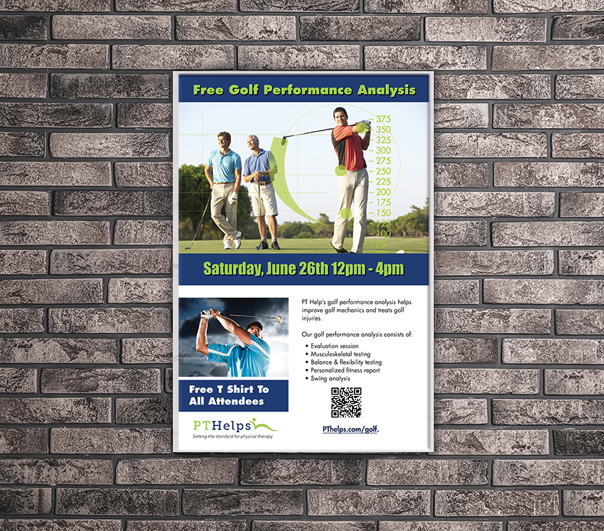 Poster-Golf Physical therapy marketing poster promoting a free golf performance analysis, showing golfers at a driving range with swing measurement graphics, event details, and a QR code for registration.