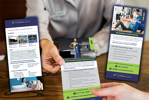 Rackcard-Product-tabs Picture of physical therapist handing a customized rack card to a patient.