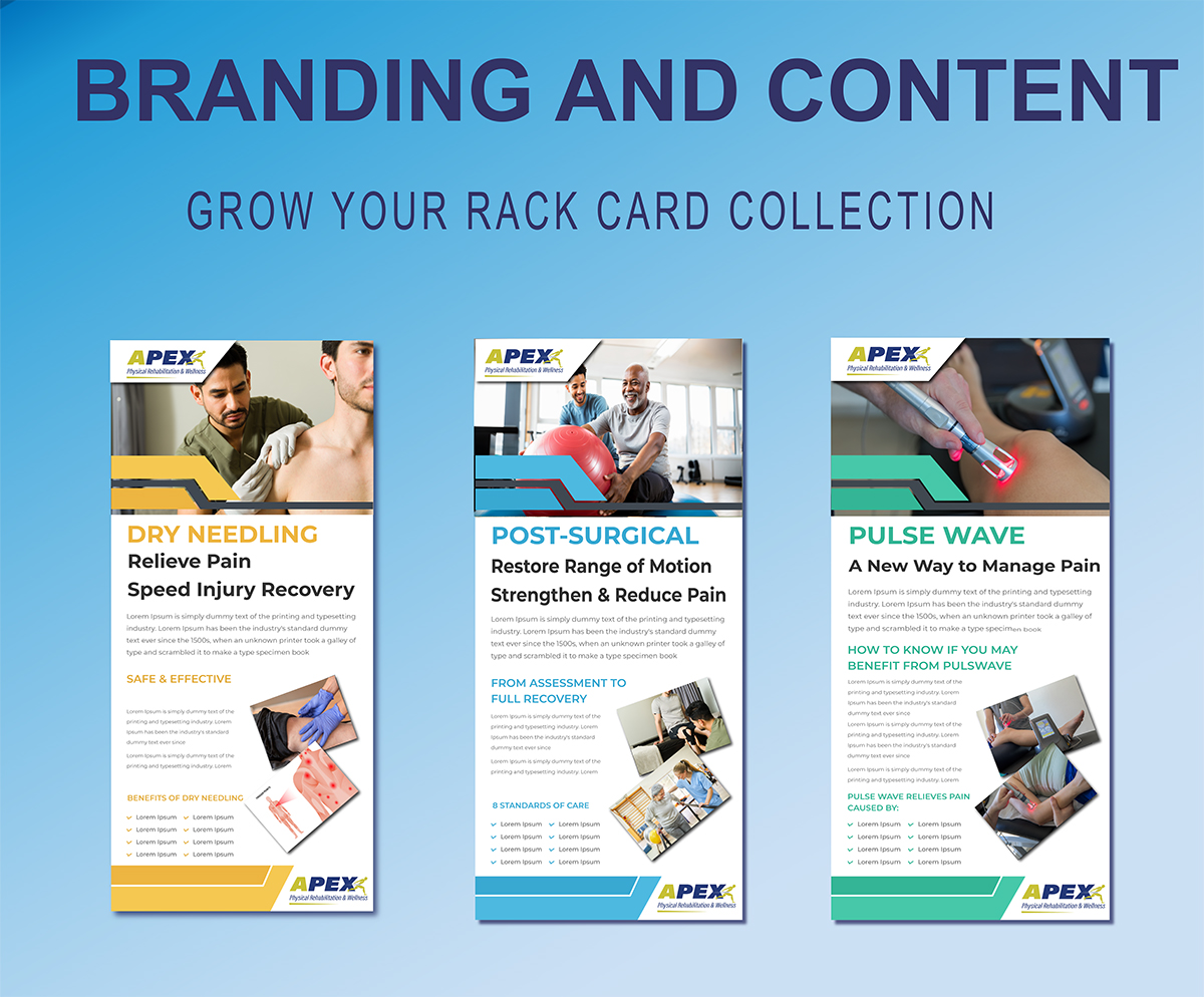 Picture of a branded collection of rack cards for physical therapy fully customized by PTRM.