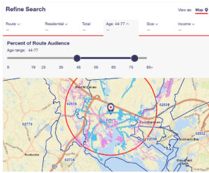 Picture of USPS EDDM routing tool, showing map of location with a 3 mile radius circle and the age range route selector.