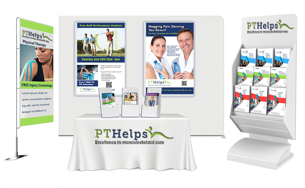 Picture of complete health fair presentation including branded table cover, floor standing banner, posters, and a variety of assorted physical therapy brochures displayed in racks.
