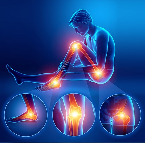 3D image of person sitting with knee flexed and glowing highlight on hip, knee, foot, and ankle.