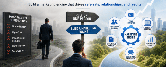 Professional healthcare marketing concept illustrating the choice between relying on a practice representative and building a scalable marketing system. A split-path graphic contrasts limited growth, high cost, and turnover risk with a marketing engine powered by referral nurturing, educational content, email marketing, online presence, social media, and measurable results.