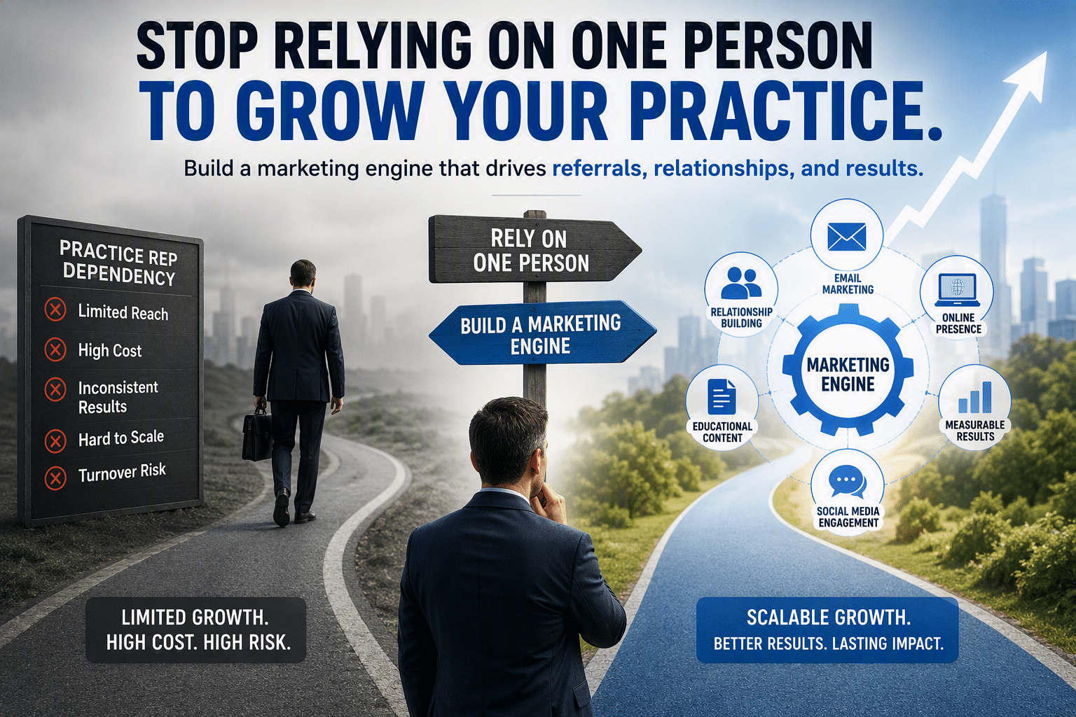 Professional healthcare marketing concept illustrating the choice between relying on a practice representative and building a scalable marketing system. A split-path graphic contrasts limited growth, high cost, and turnover risk with a marketing engine powered by referral nurturing, educational content, email marketing, online presence, social media, and measurable results.