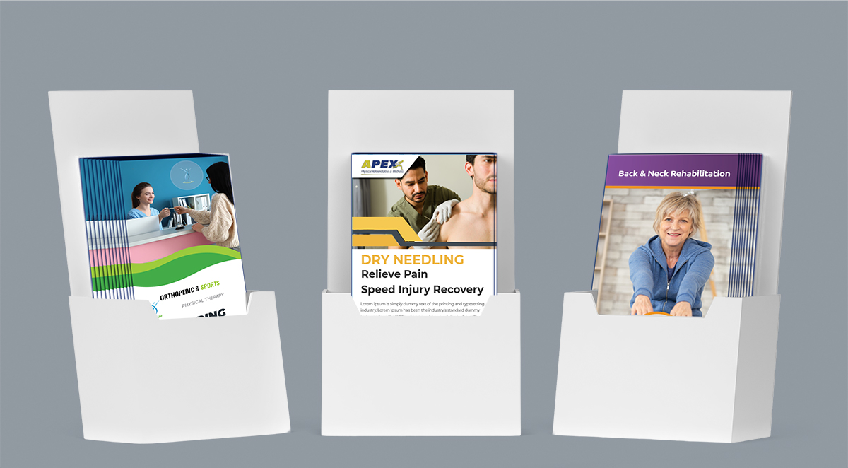 Custom-Brochure-Display.1 Pictured - 3 displays of different physical therapy brochures.