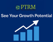 Deep blue background with the PTRM logo and a vertical bar chart with arrow following upward trend, graph title See Your Growth Potential
