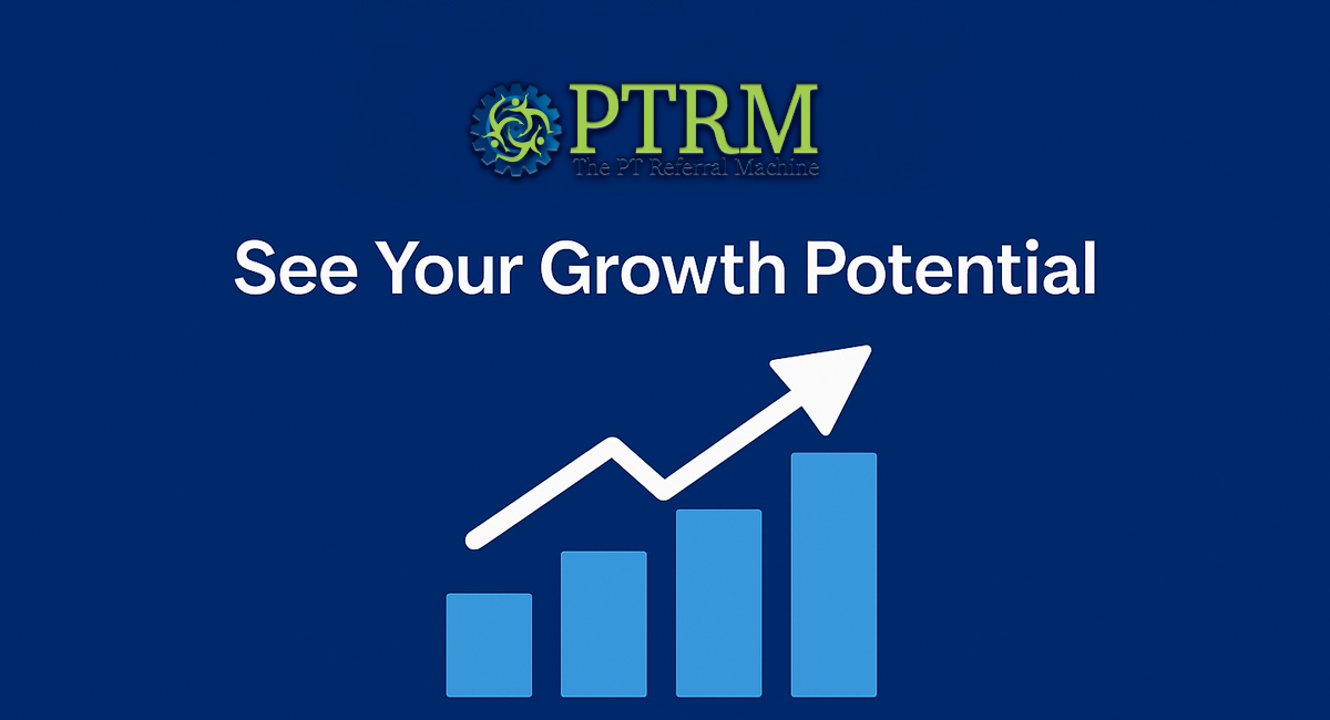 Deep blue background with the PTRM logo and a vertical bar chart with arrow following upward trend, graph title See Your Growth Potential