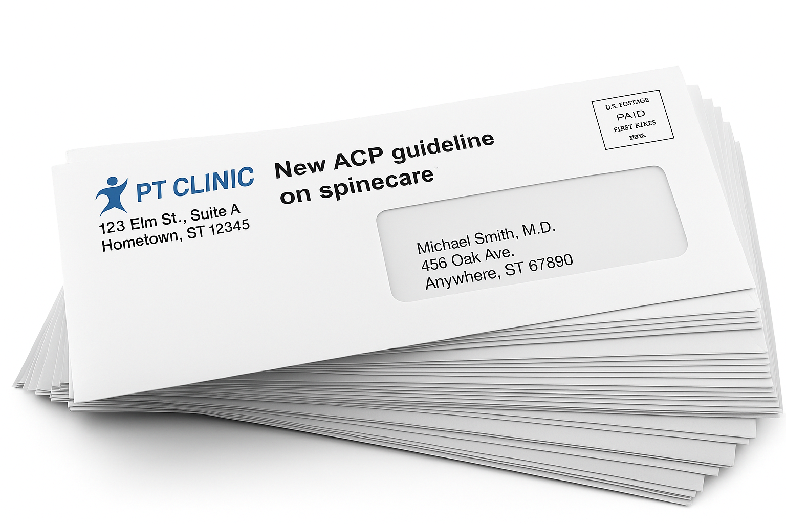 Stack of professional first-class envelopes featuring a PT clinic return address and logo, a physician’s name visible through the window, headline reading “New ACP guidelines on spinecare,” and a USPS First-Class postage indicia.