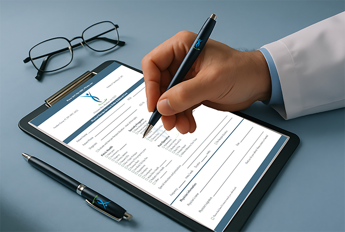 Referral-Pad-Doc-Pelvic-700 Picture of physician filling out Rx pad designed and printed by PTRM.