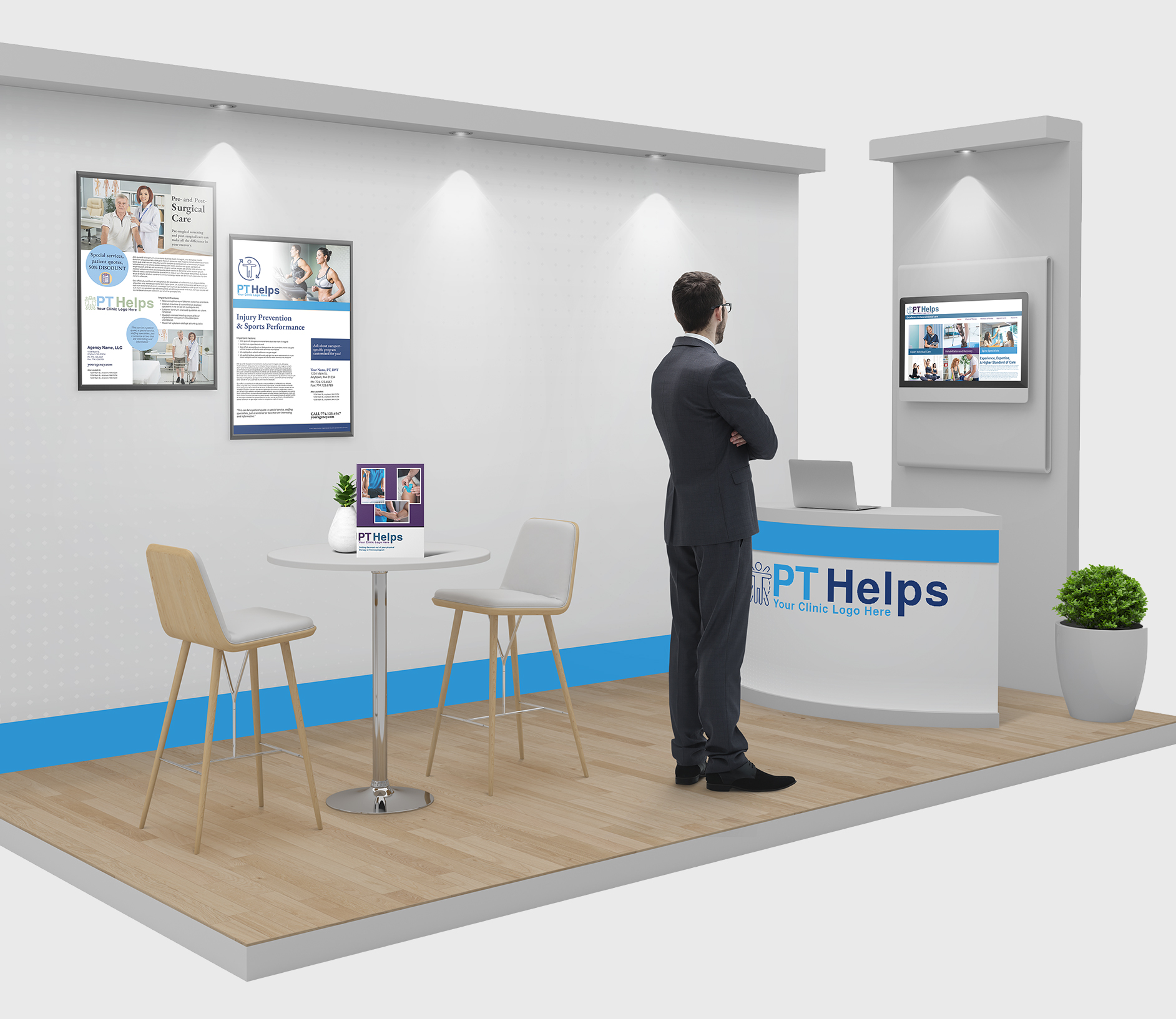Branded display example of a physical therapy reception area