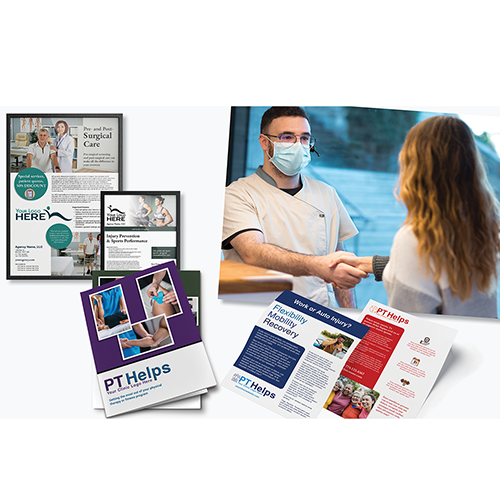 Image of receptionist welcoming a patient and marketing materials