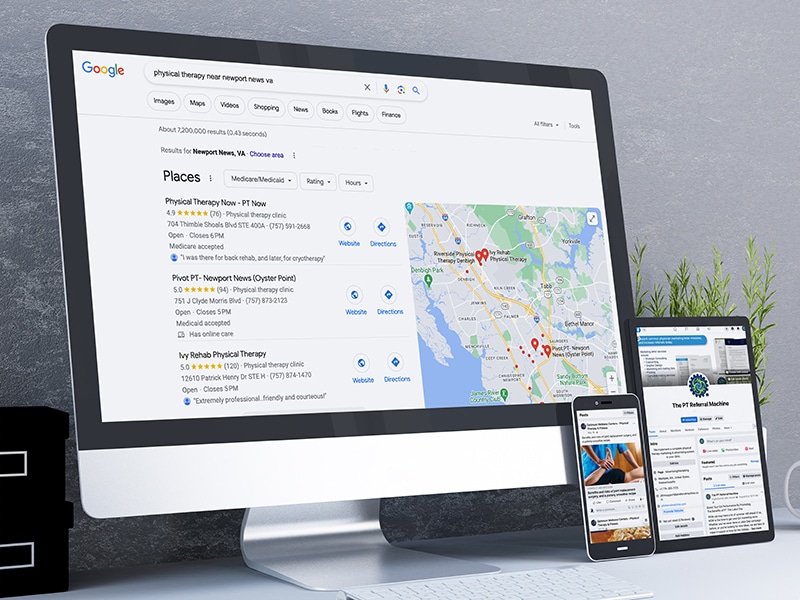 website-media-mockup-1 Picture of search result for physical therapy in a Virginia town on a desktop, with a mobile device and tablet propped in the bottom right quarter of the image.