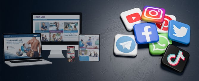 Picture showing tiles of social media icons piled on a black background next to PT Referral Machine digital platform branding designs.