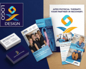 Physical therapy clinic branding package with custom logo, brand style guide, brochures, appointment cards, rack cards, and posters.