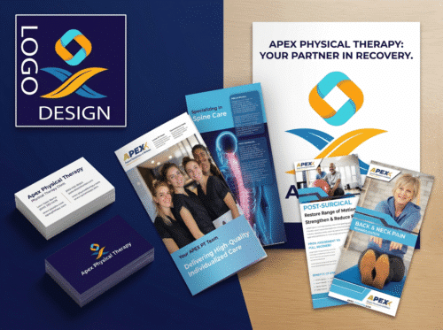 Physical therapy clinic branding package with custom logo, brand style guide, brochures, appointment cards, rack cards, and posters.