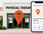 Picture of physical therapy clinic street view with a map pin and a mobile screen search result inset.