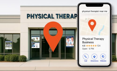 Picture of physical therapy clinic street view with a map pin and a mobile screen search result inset.
