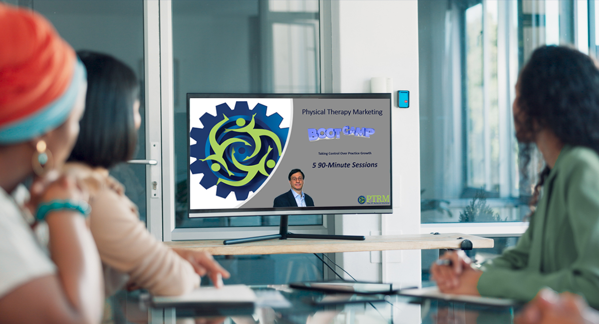 Picture of diverse team sitting in front of a computer display watching the opening screen for the PT Referral Machine Marketing Boot Camp, and David Steinberg, Senior Consultant and Founder directing the training.