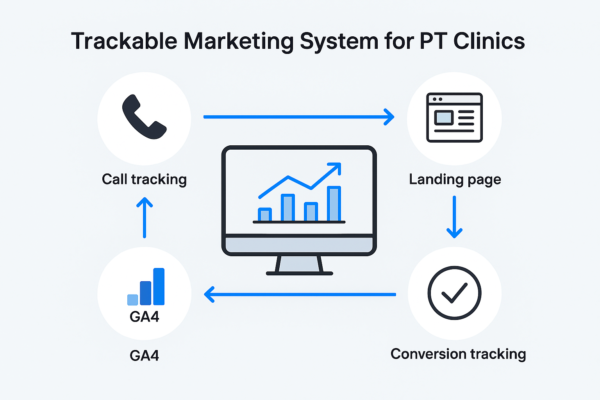 Physical therapy marketing tracking system diagram showing how campaigns, calls, landing pages, and conversions connect to patient revenue