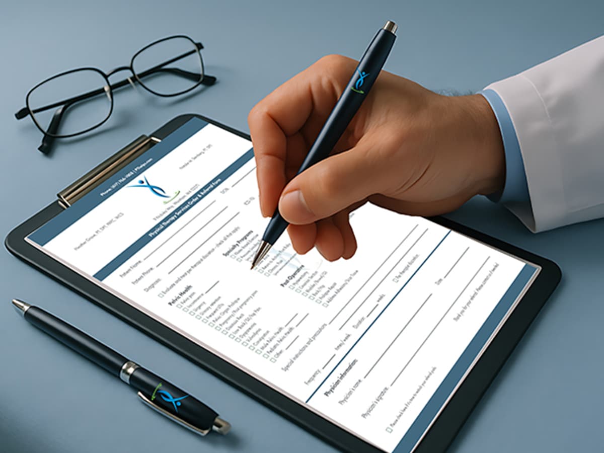 Physician using a customized physical therapy Rx pad to make patient referrals fast, clear, and easy to follow for both patients and providers.