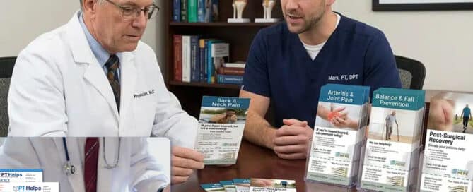 Physical therapist reviewing a customized referral marketing system that combines branded Rx pads with patient education tear cards, designed by PT Referral Machine to help strengthen physician referral relationships.
