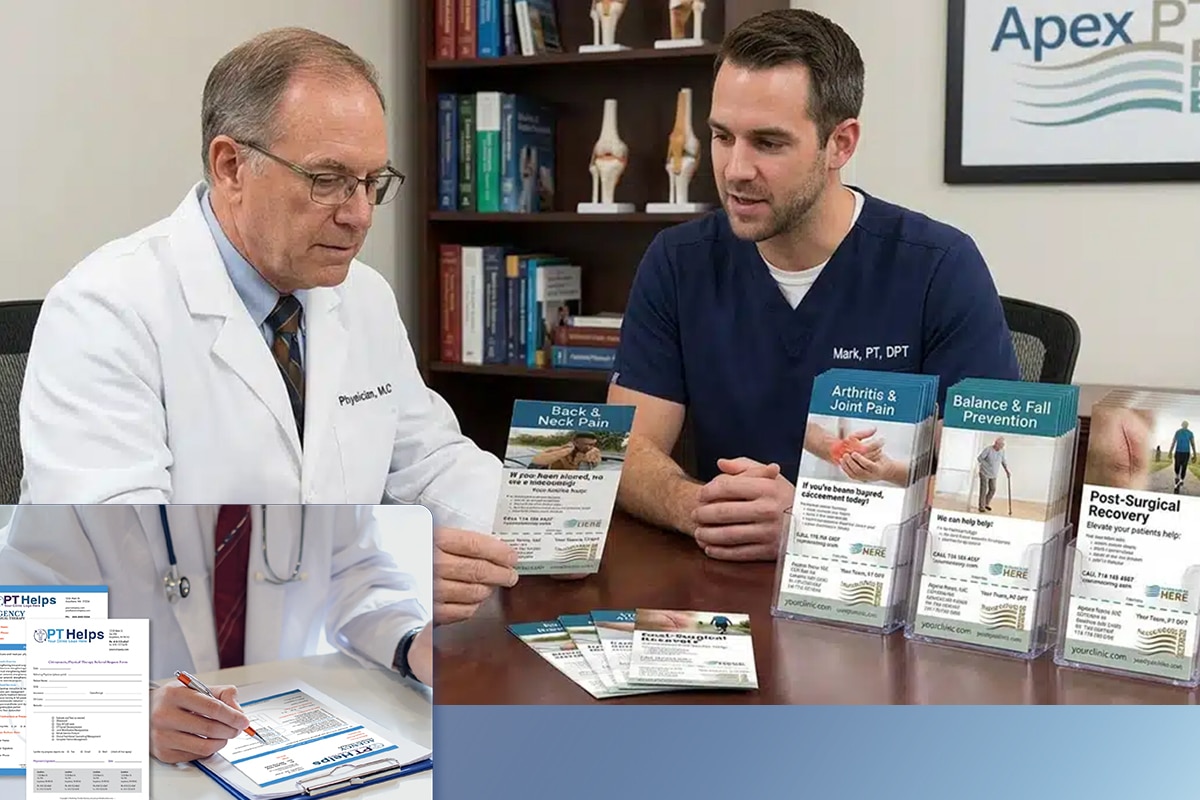 Physical therapist reviewing a customized referral marketing system that combines branded Rx pads with patient education tear cards, designed by PT Referral Machine to help strengthen physician referral relationships.