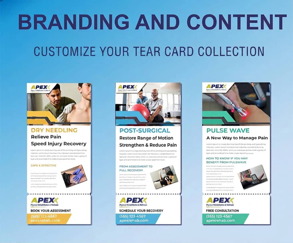 Custom physical therapy tear card designs showcasing branded layouts, service-specific content, and detachable contact cards for patient referrals and marketing campaigns.