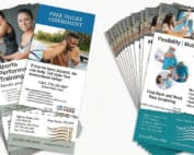 Two custom physical therapy tear card designs displayed in stacked sets, featuring detachable contact information and promotional offers for injury assessments and pain screenings.