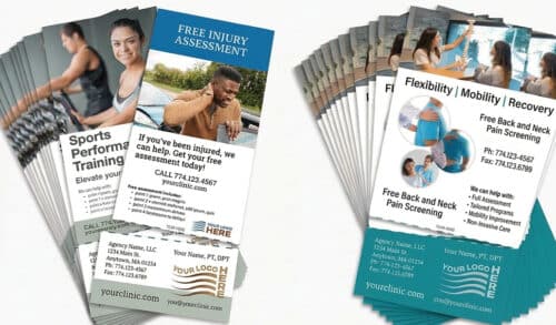 Two custom physical therapy tear card designs displayed in stacked sets, featuring detachable contact information and promotional offers for injury assessments and pain screenings.