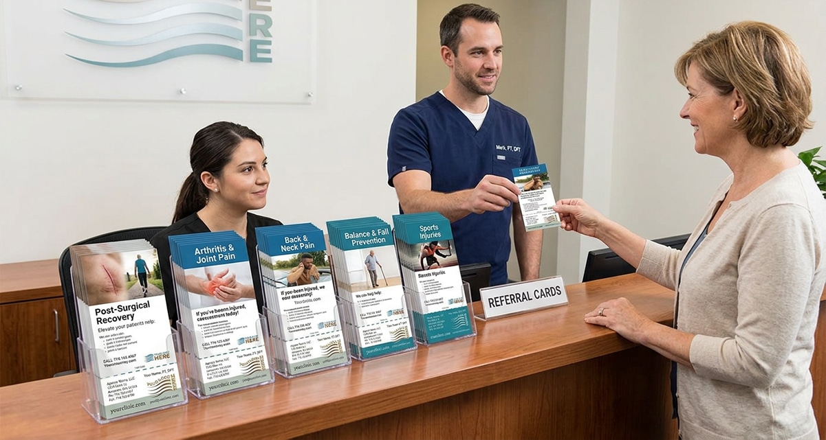 Customized physical therapy tear card given to a patient as part of a referral marketing system designed to improve patient education, referral communication, and follow-through.