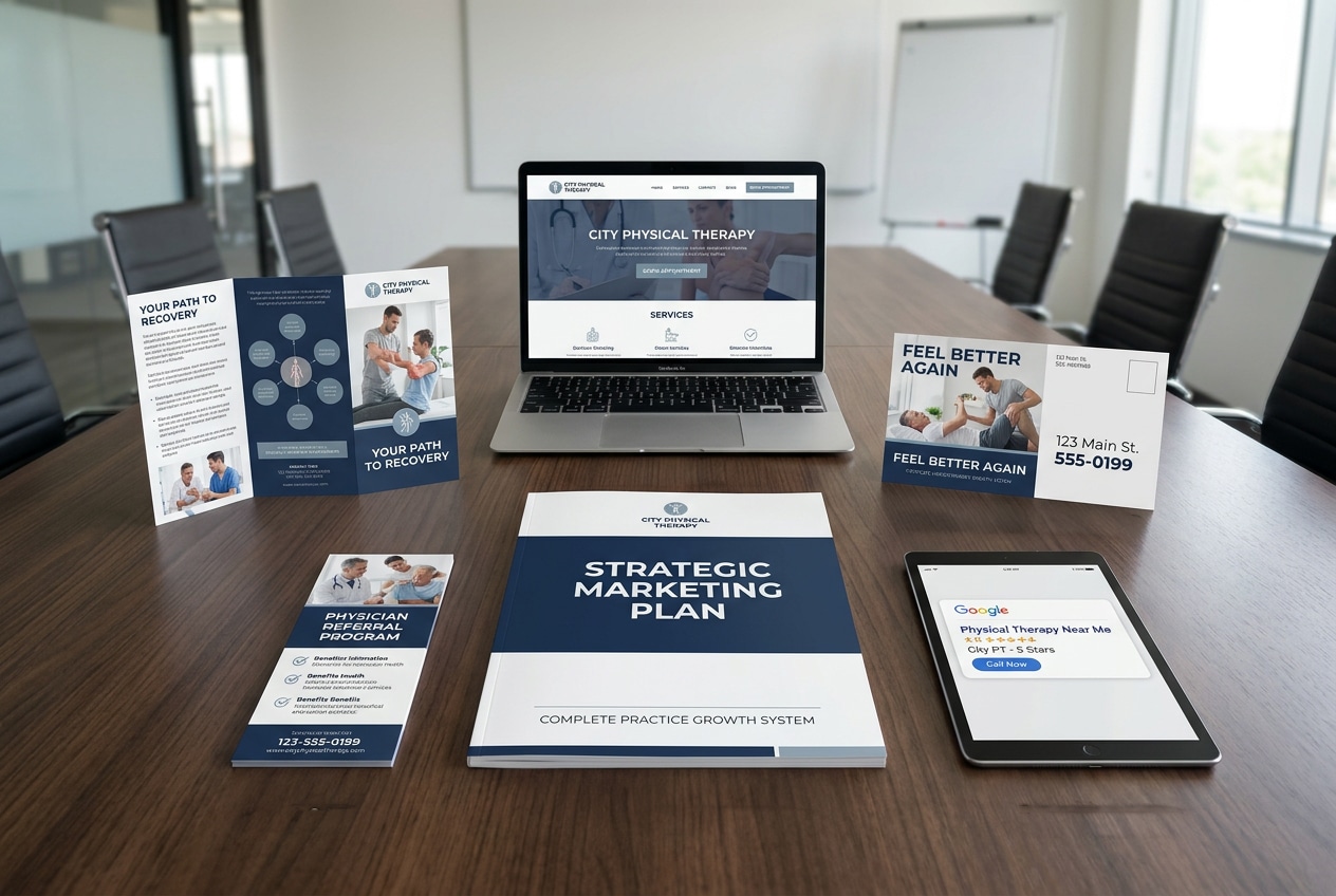 Physical therapy marketing package featuring a strategic marketing plan, clinic website mockup, Google local ads preview, patient brochure, referral rack card, and direct mail postcard.