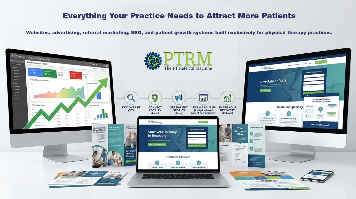 Physical therapy marketing agency showcasing patient growth analytics, physical therapy websites, SEO, digital advertising, referral marketing materials, brochures, postcards, and patient acquisition systems.