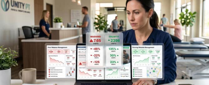 Physical therapy clinic website management dashboard comparing declining and growing KPI performance metrics on a laptop screen.
