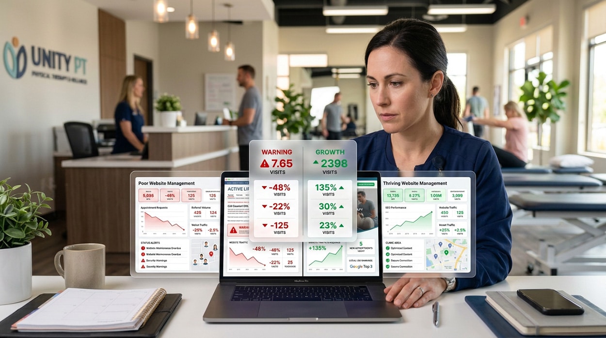 Physical therapy clinic website management dashboard comparing declining and growing KPI performance metrics on a laptop screen.