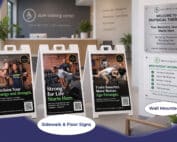 Custom physical therapy signage featuring three A-frame sidewalk signs and two waiting room wall-mounted signs in a modern clinic setting.