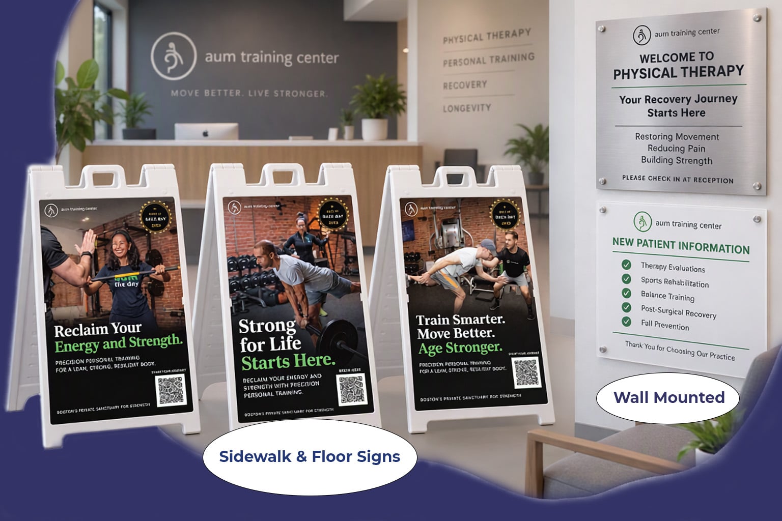 Custom physical therapy signage featuring three A-frame sidewalk signs and two waiting room wall-mounted signs in a modern clinic setting.