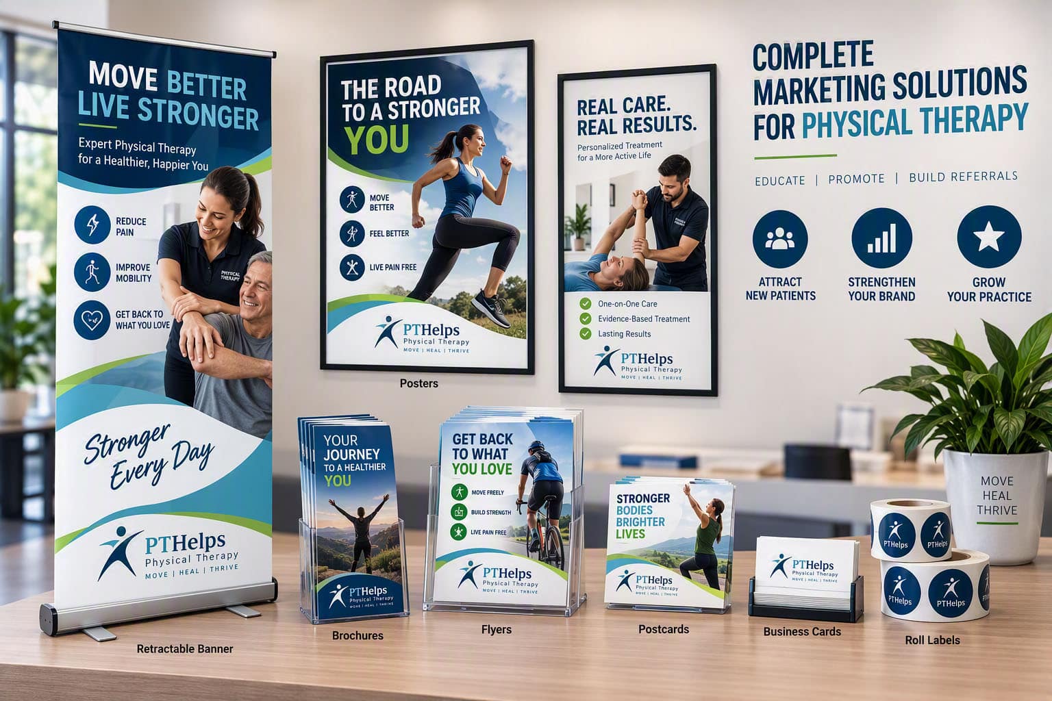 Professional display of coordinated physical therapy marketing materials including a retractable banner, posters, brochures, flyers, postcards, business cards, and roll labels featuring modern healthcare branding and patient-focused messaging.
