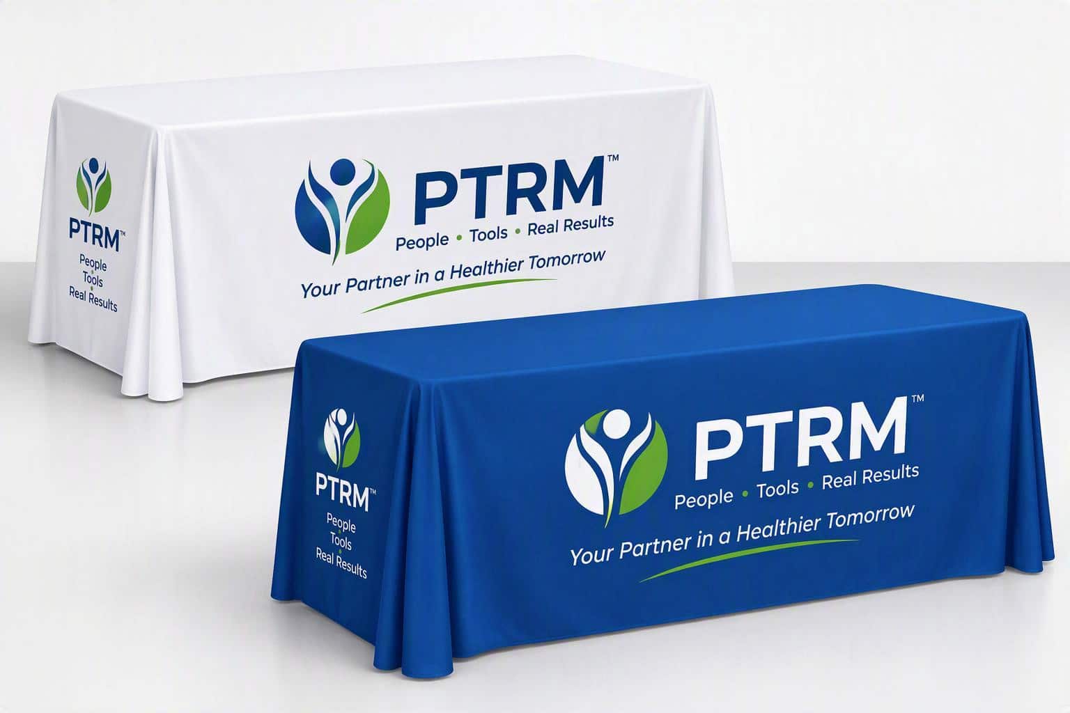 Custom health fair table covers shown here with sample branding for physical therapy marketing events and community outreach displays.