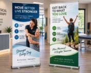 Two custom physical therapy retractable banner displays shown side-by-side in a modern rehabilitation clinic, featuring different treatment-focused designs that promote mobility, pain relief, strength, and recovery services.