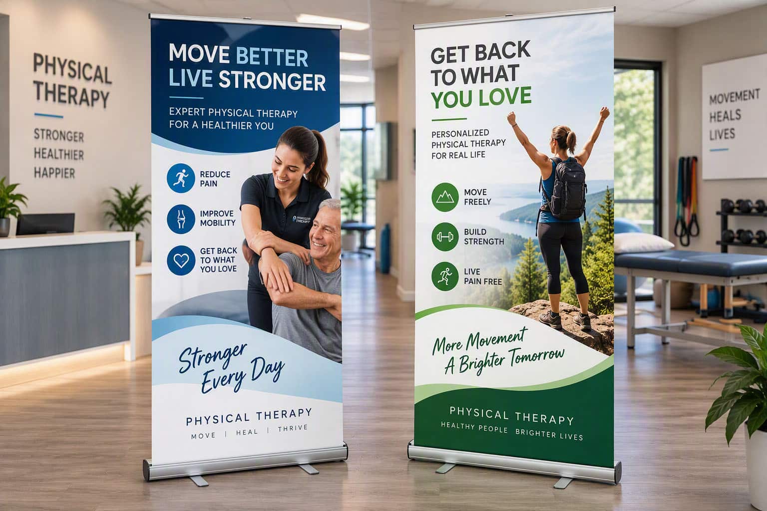 Two custom physical therapy retractable banner displays shown side-by-side in a modern rehabilitation clinic, featuring different treatment-focused designs that promote mobility, pain relief, strength, and recovery services.