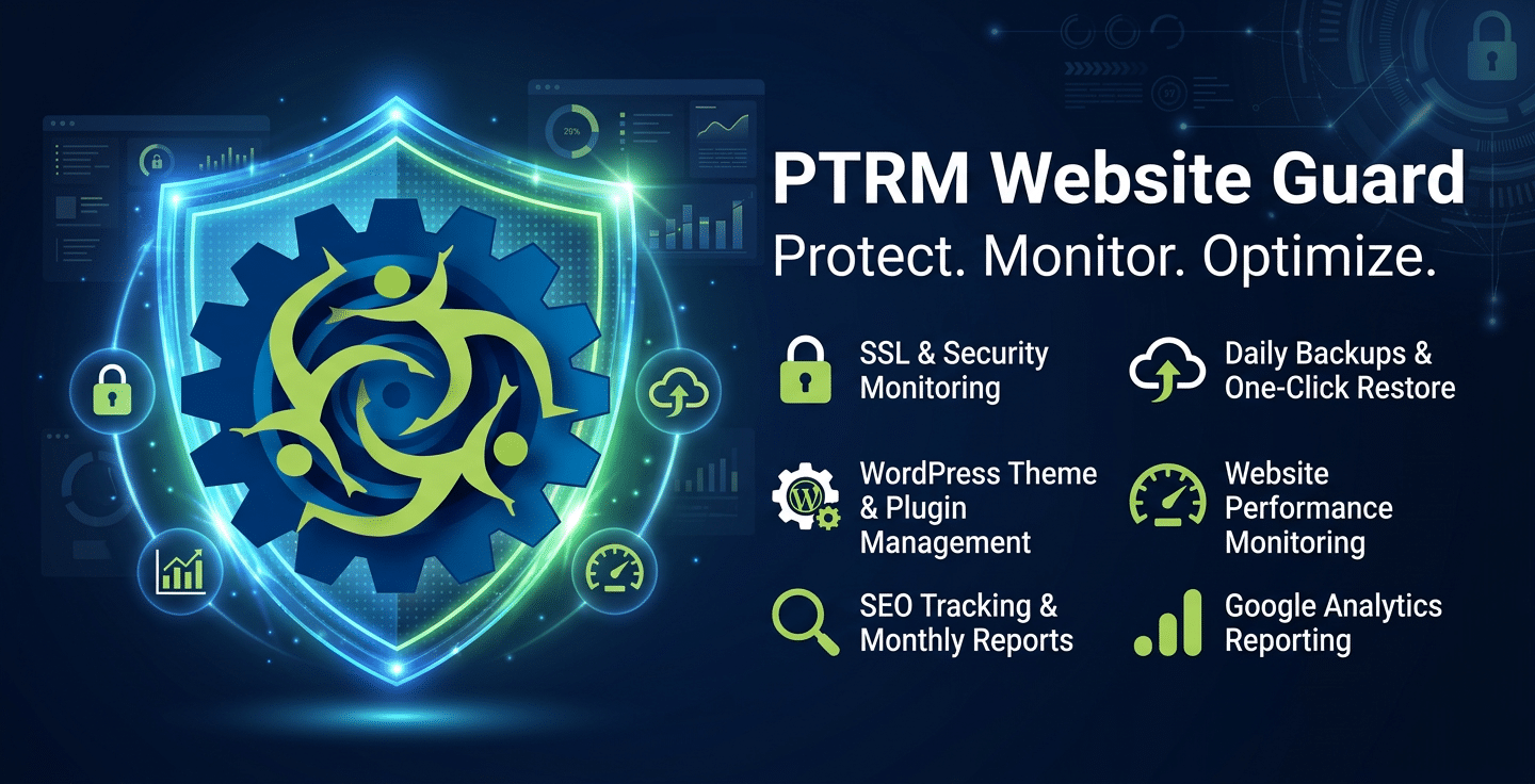 PTRM Website Guard website maintenance and security service featuring website monitoring, backups, performance optimization, and WordPress management.